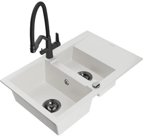 Mexen Gaspar gránit mosogató 1,5 medencés csepegtetővel és Duo konyhai csapteleppel, fehér - 6507-20-671701-70-B