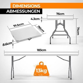 JAGO Összecsukható asztal 8 személyes 183 cm fehér
