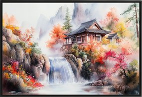 Poszter Keret Alumínium Tájkép Kelet Ázsia Japán Hegyek Vízesés Ház 60x40