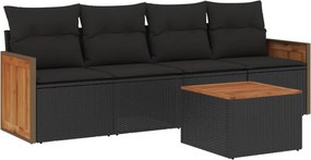 vidaXL 5 részes fekete polyrattan kerti kanapészett párnákkal