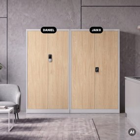 Fém irodai szekrény kódzárral, szürke, sonoma tölgy, 900x1850x400 mm: DANIEL Eco Design
