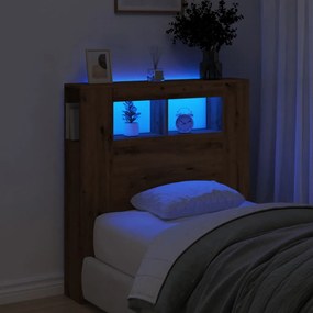 kézműves tölgyszínű szerelt fa LED-es fejtámla 100x18,5x103,5cm