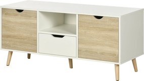 HOMCOM TV Állvány Fiókkal, 2 Ajtóval és Kompartmensen, TV Állvány 50 Inches-ig, Oldalszekrény Nappaliba és Hálószobába, 110x40x50 cm, Fehér és Termész