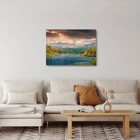 Egy kép a hegyi folyó és a hegyek (üvegen) (70x50 cm)