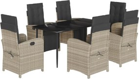 vidaXL 7 részes világosszürke polyrattan kerti étkezőszett párnával