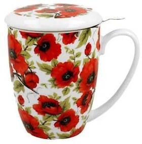 Pipacsos porcelán bögre fém szűrővel és tetővel 380 ml