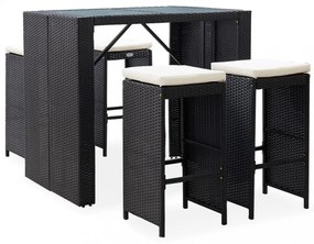 5 részes fekete polyrattan és üveg kültéri bárgarnitúra