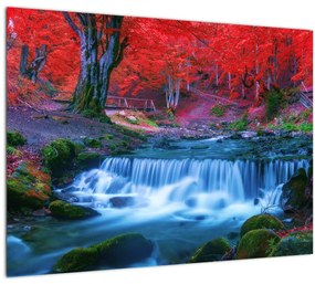 Kép Vízesés egy vörös erdőben (üvegen) (70x50 cm)