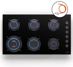 Klarstein Goldflame 6, gáz főzőlap, önálló, 6 égő, oldalsó vezérlés, gáz/propán, üvegkerámia, fekete