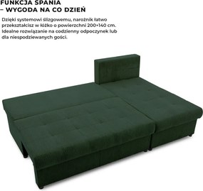 Venezia sarokkanapé, kordbársony, univerzális oldal, hab töltet, zöld