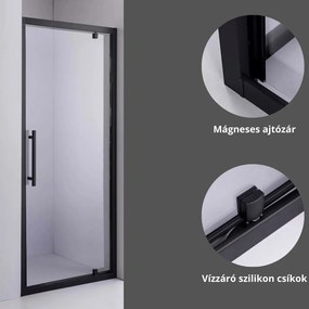 Stuxi Torino Black 80 cm széles nyílóajtós zuhanyajtó 6 mm vastag vízlepergető biztonsági üveggel, fekete elemekkel, 200 cm magas