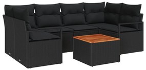 7 részes kerti kanapé szett párnákkal, fekete, poli rattan, akácfából, 2 személyes kerti kanapé párnákkal, fekete, poli rattan
