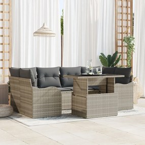 7 darabos kerti kanapé párnákkal, világosszürke poli rattan, 2-személyes kerti kanapé párnákkal, világosszürke poli rattan
