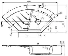 Sapho - sarokkonyhai mosogató 114x57,5 cm gránit/fekete