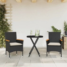 vidaXL 3 részes fekete polyrattan/üveg bisztrógarnitúra párnával