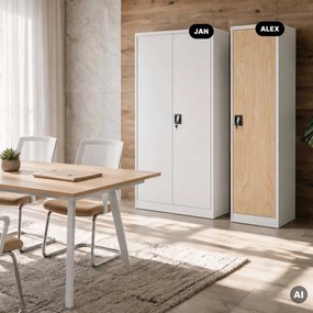 Fém irodai iratszekrény, fehér/sonoma tölgy, 450x1850x400 mm: ALEX Eco Design