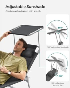 Összecsukható napozóágy napellenzővel 53 x 193 x 29,5 cm, 150 kg-ig terhelhető, sötétszürke