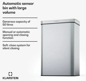 Klarstein Touchless, szenzoros szemétkosár, 50 l, rozsdamentes acélból, Soft-Close záródás, elemes, LED kijelző, időzítő