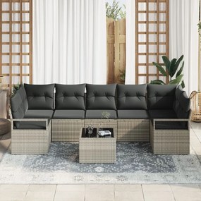 8 darabos Kert Sofa Szett Párnákkal Világosszürke Poli Rattan, 2-Személyes Kert Sofa Párnákkal Szürke Poli Rattan