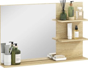 Kleankin Modern Fürdőszobai Tükör 2 Oldalsó Polccal és Alsó Polccal, Fali Tükör MDF-ből és Üvegből, 75x10x48 cm, Fa szín | Aosom