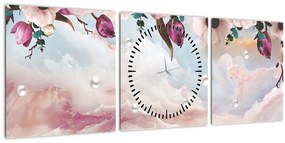 Rózsaszín virágokképe rózsaszín márvánnyal (órával) (90x30 cm)