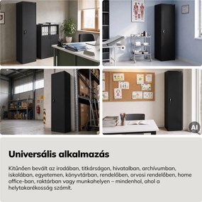 Keskeny, fekete fém iratszekrény, 450x1850x400 mm: ALEX