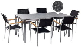 Hatszemélyes fekete gránithatású üveg étkezőasztal fekete székekkel COSOLETO/GROSSETO Beliani