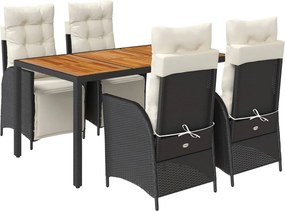 vidaXL 5 részes fekete polyrattan kerti étkezőgarnitúra párnákkal