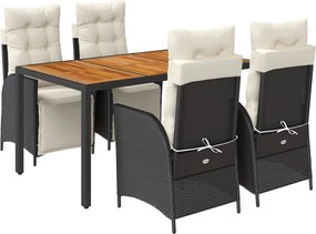 vidaXL 5 részes fekete polyrattan kerti étkezőgarnitúra párnákkal