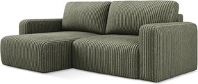 Zöld kordbársony kinyitható-tárolóhelyes sarokkanapé (bal oldali-heverő résszel) Kona – Makamii
