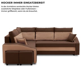 Grande sarokkanapé polcokkal és puffokkal , polc a jobb karfaban puffok a bal karfaban, baloldali, szövet anyag, bonell töltet, barna