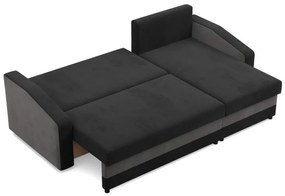 Hewlet sarokkanapé, 2 ágyneműtartóval, szövet anyag, univerzális oldal, hab töltet, fekete - szürke