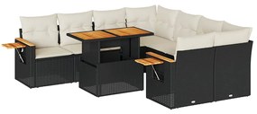 9 részes fekete polyrattan akácfa kerti ülőgarnitúra párnákkal