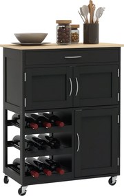 HOMCOM Konyhai Kocsi 9 Borosüveggel, 3 Ajtóval, 4 Kerekekkel és Fiókkal, Helytakarékos Konyhaszekrény Gumifa Tetővel, 67x37x87 cm, Fekete és Tölgy | A