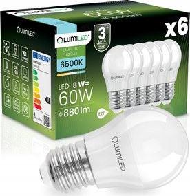 6x Led izzó E27 Golyó P45 8W 60W 880lm 6500K Hideg 180° Lumiled