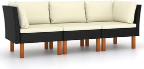 vidaXL fekete 3 személyes polyrattan kerti kanapé párnákkal