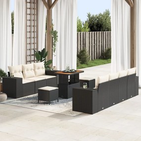 10 darabos kerti kanapé szett párnákkal fekete poly rattan akácián, 3 darabos kerti étkező szett párnákkal fekete poly rattan akácián