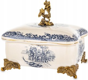 Palota ékszerdoboz Retro kerámia öregített fehér kék arany patera