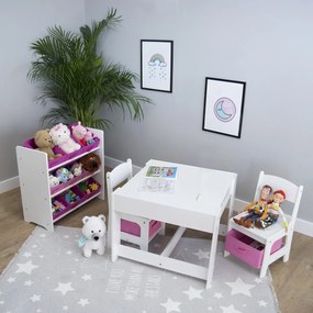 Ourbaby gyerekasztal székekkel, rózsaszín dobozokkal