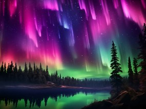 Poszter 100x75cm Északi fény az erdő felett