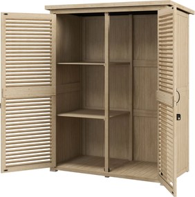 Outsunny Fa Kerti Szekrény 0.83 m² 127x65x168 cm Kültéri Fa Szekrény 2 Zárható Ajtóval, 2 Polccal, 2 Fogantyúval és Vízálló Tetővel a Kertbe Természet