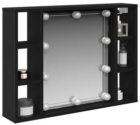 LED Tükör Szekrény - Fekete Tölgy - 76x15x55 cm - Mesterséges Fa