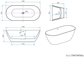Erga Kaia, szabadon álló kád 170x75 cm + leeresztő csavar, fehér fényes, ERG-Kaia-170075-WH-WH