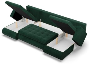 Tokio U alakú sarokkanapé, 3 ágyneműtartóval, kordbársony, univerzális oldal, zöld