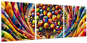Kép – Színes fa almákkal (órával) (90x30 cm)