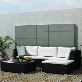 vidaXL 5-részes fekete polyrattan kerti bútorszett párnákkal