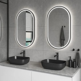 Erga Gwen, ovális LED tükör 50x100cm fekete fém keretben, 3 világos szín, elülső világítás, páramentes fűtőpárna, ERG-V01-GWEN-5010-BK