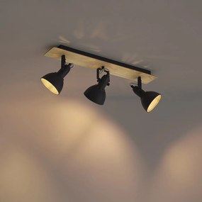 Fekete mennyezeti spotlámpa fával, 3 izzós, forgatható és dönthető - Jakub