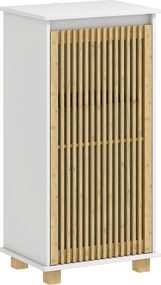 HOMCOM Fürdőszobai Szekrény Mosókosárral, Tárolószekrény Bambusz Rácsos Ajtóval és Eltávolítható Táskával, 40 x 30 x 80 cm, Fehér és Természetes Fa Ha