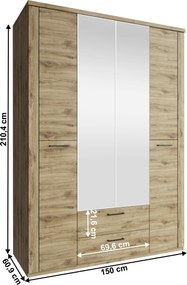 Szekrény 4D2S tükörrel, navarra tölgy, DORSI